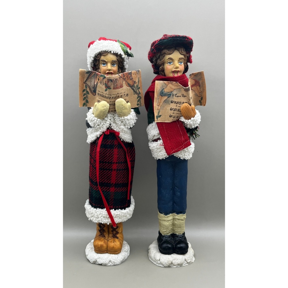 Vtg Christmas Carolers Figurines Set of 2 Red Plaid Holiday Decor 10" Resin